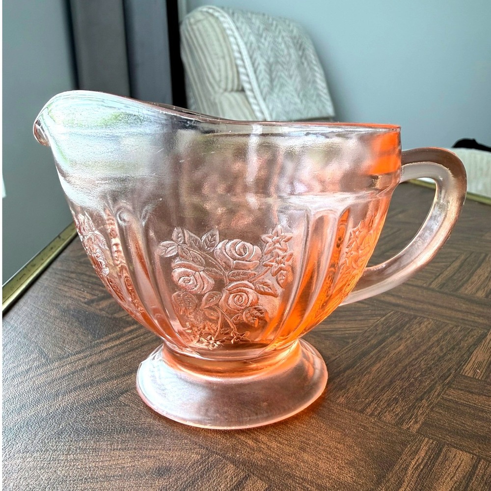 Vintage Pink Depression Glass Rose Floral Creamer Footed Pitcher Shabby Chic